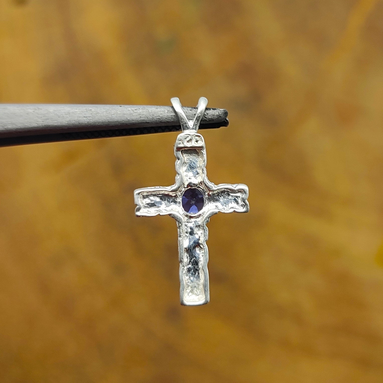 Iolite Christian Cross Nepali Bohemian Silver Pendant