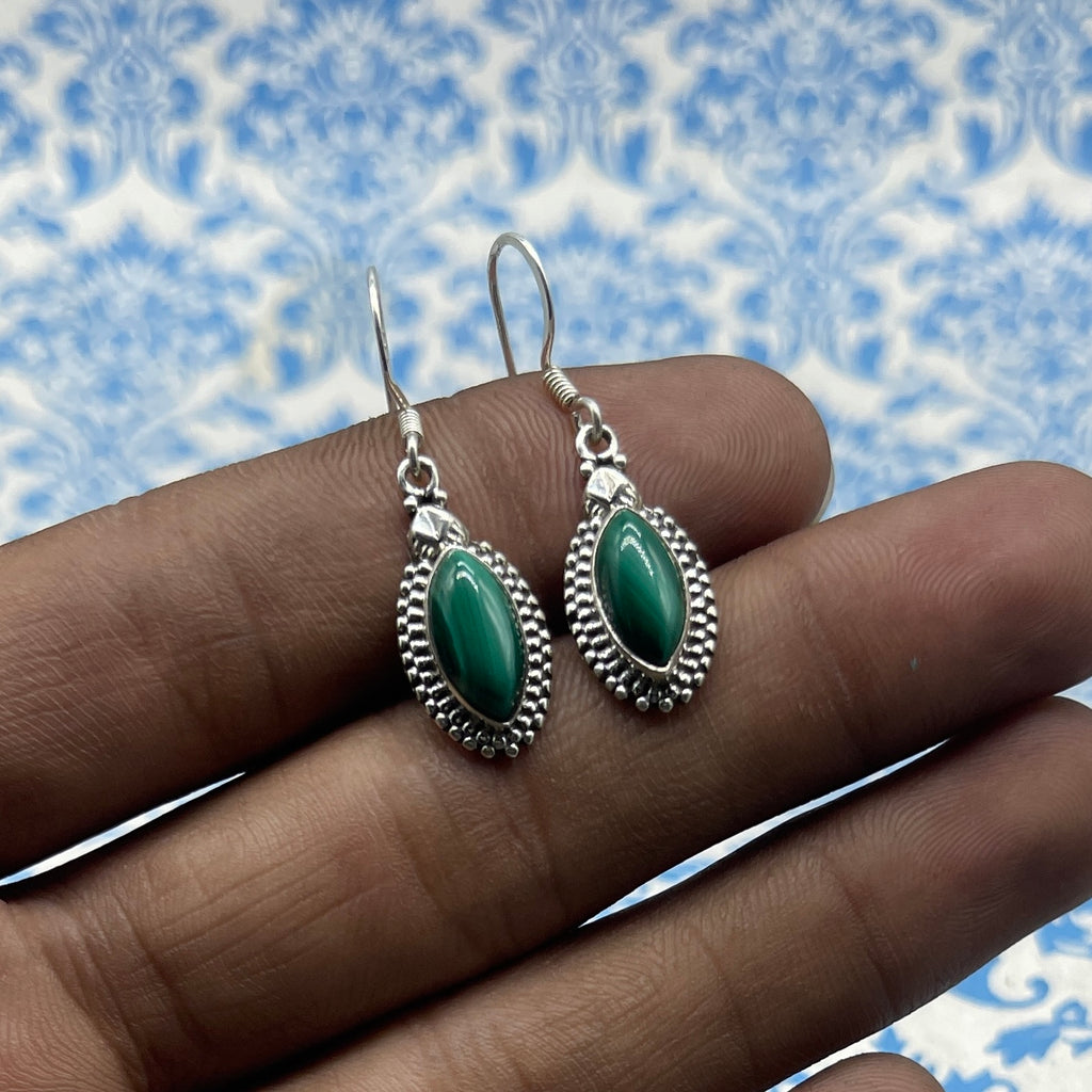 Malachite Dangle Marquise Earrings in 925 Silver – Statement Jewelry