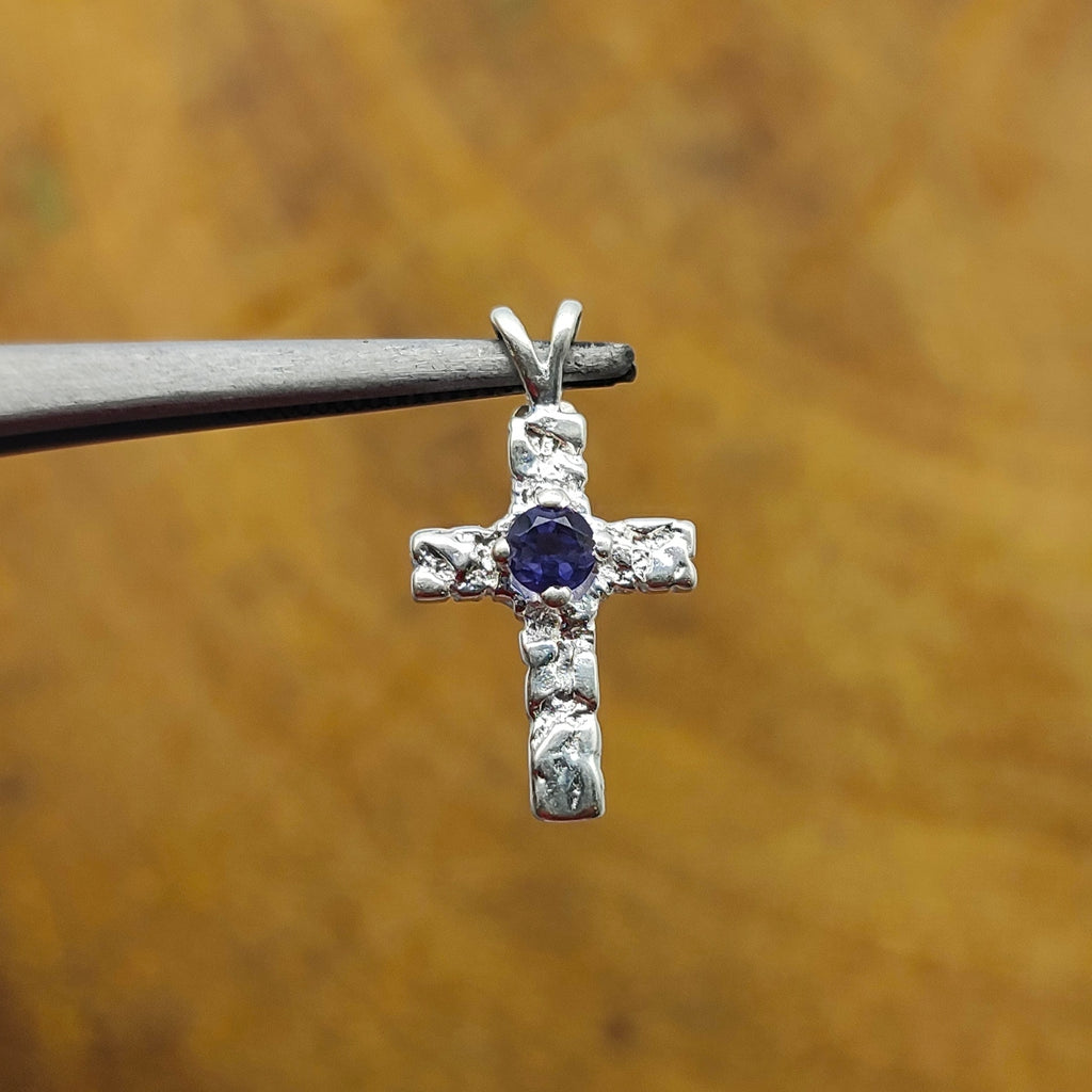Iolite Christian Cross Nepali Bohemian Silver Pendant
