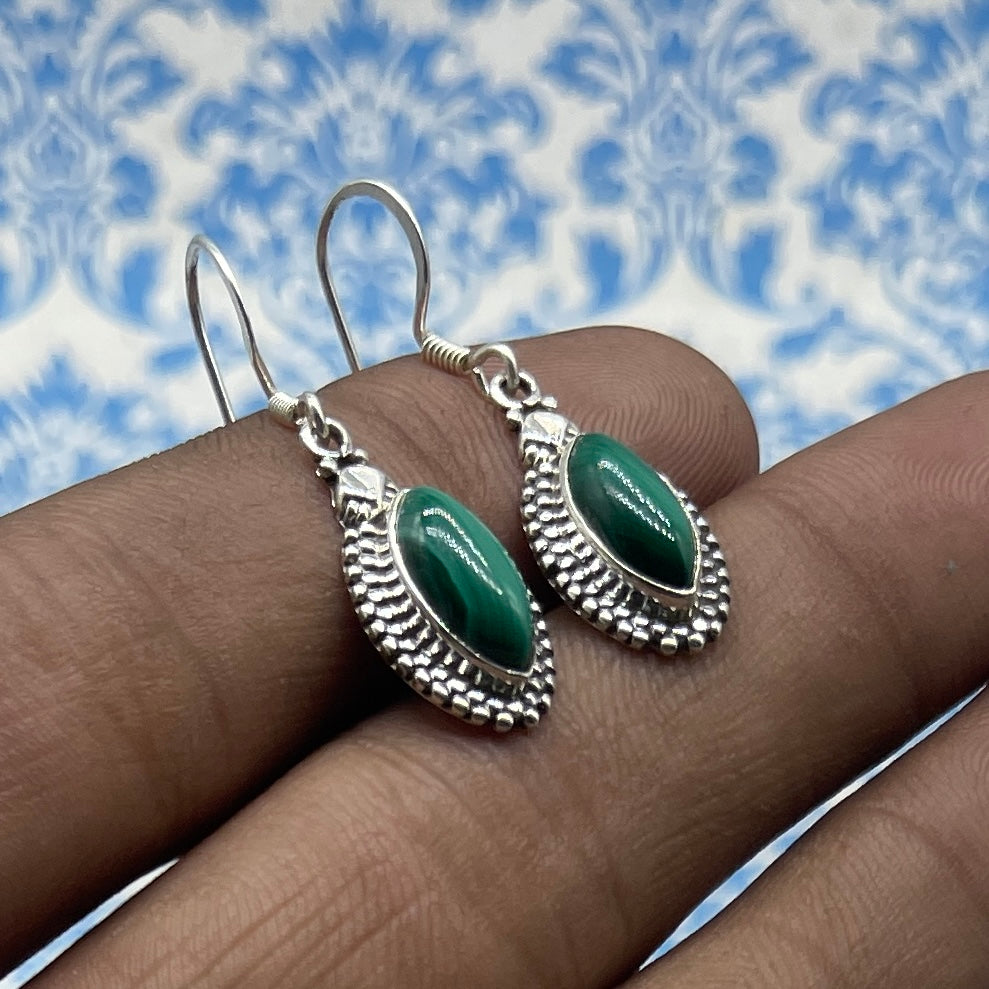 Malachite Dangle Marquise Earrings in 925 Silver – Statement Jewelry