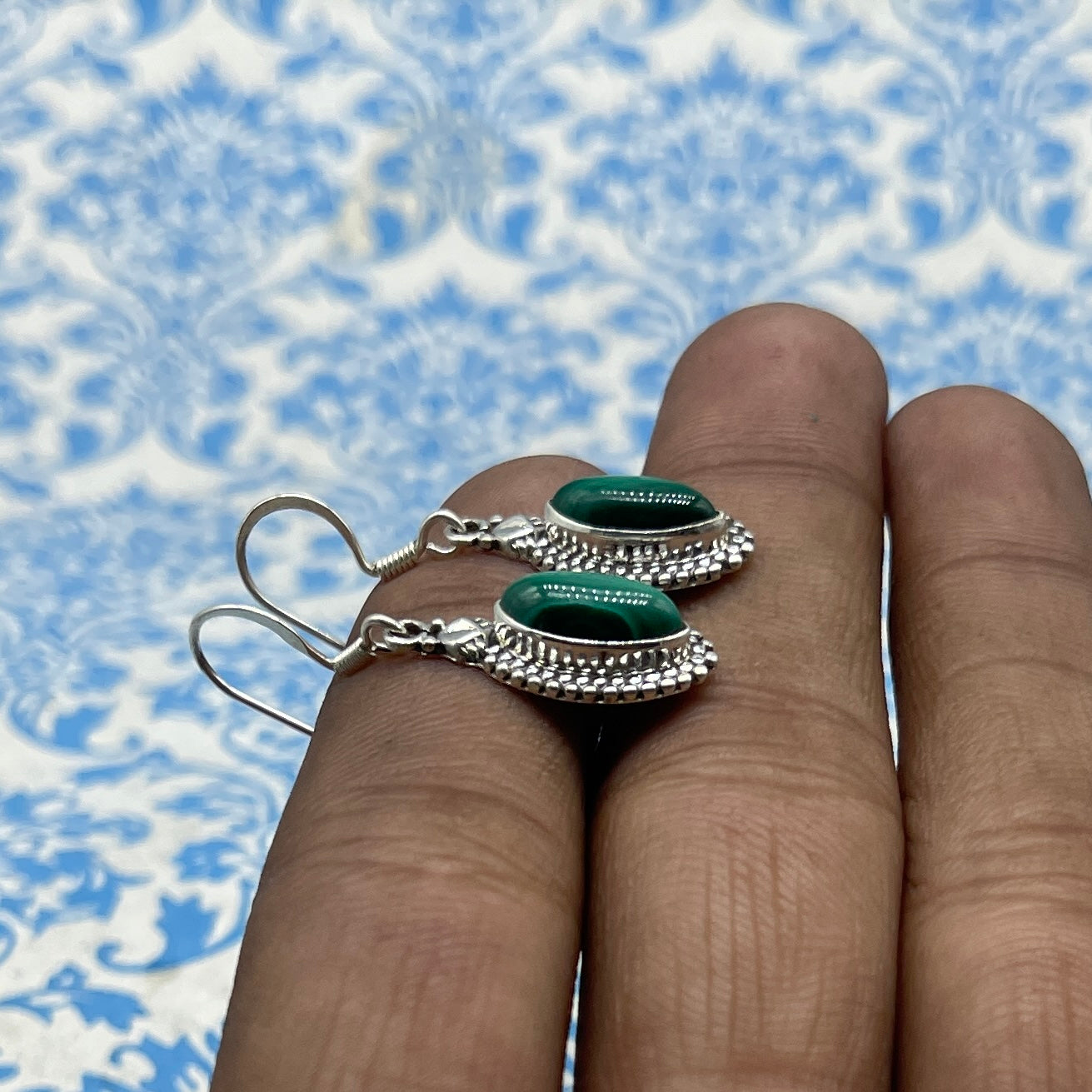 Malachite Dangle Marquise Earrings in 925 Silver – Statement Jewelry