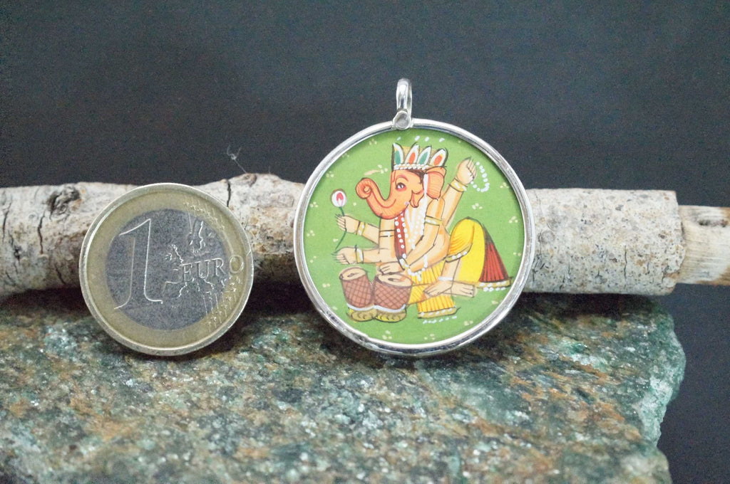 925 Silver Ganesha Handpainted Glass Pendant Designer Frame
