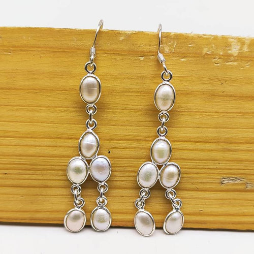 925 Sterling Silver Natural Pearl Cabochon Long Oval Shape Earring