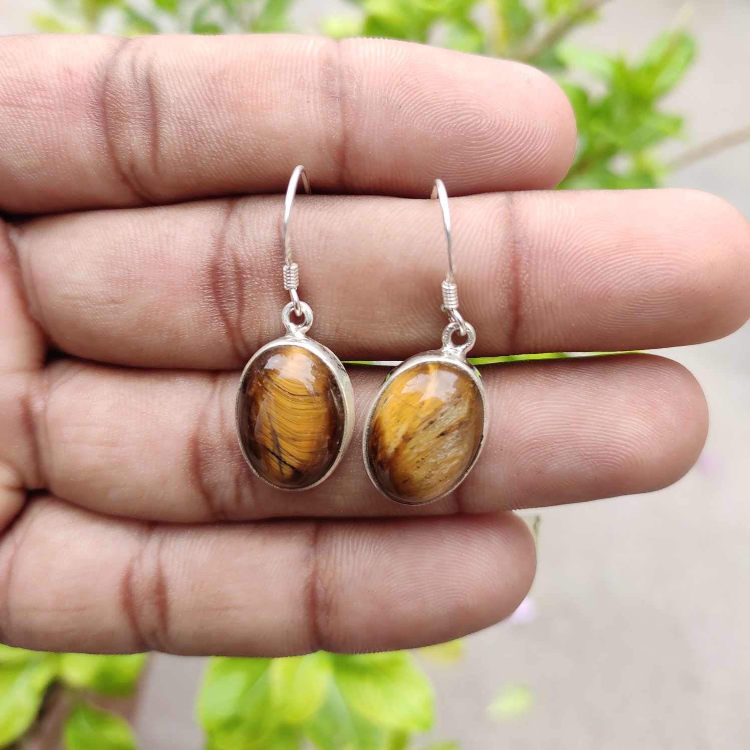 925 Sterling Silver Tiger Eye Oval Earrings