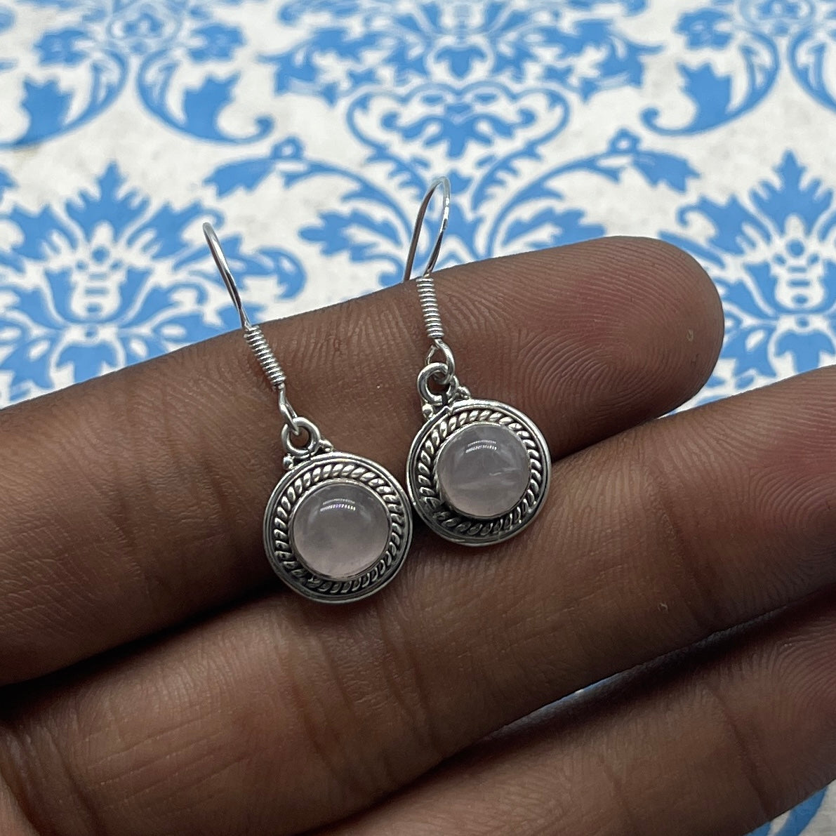 925 Sterling Silver Rose Quartz Cabochon Round Shape Earring