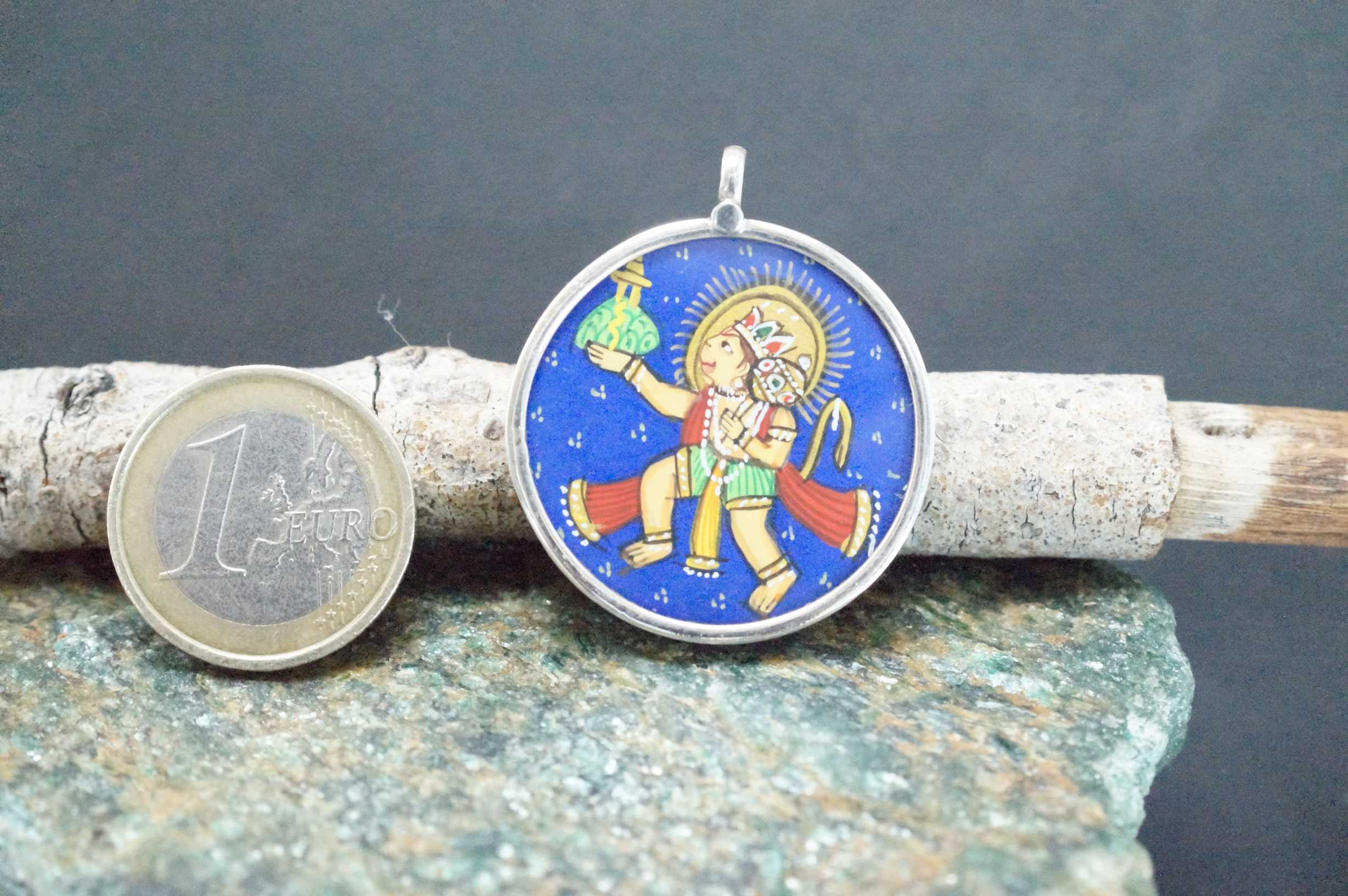 925 Silver Hanuman Handpainted Glass Pendant Designer Frame