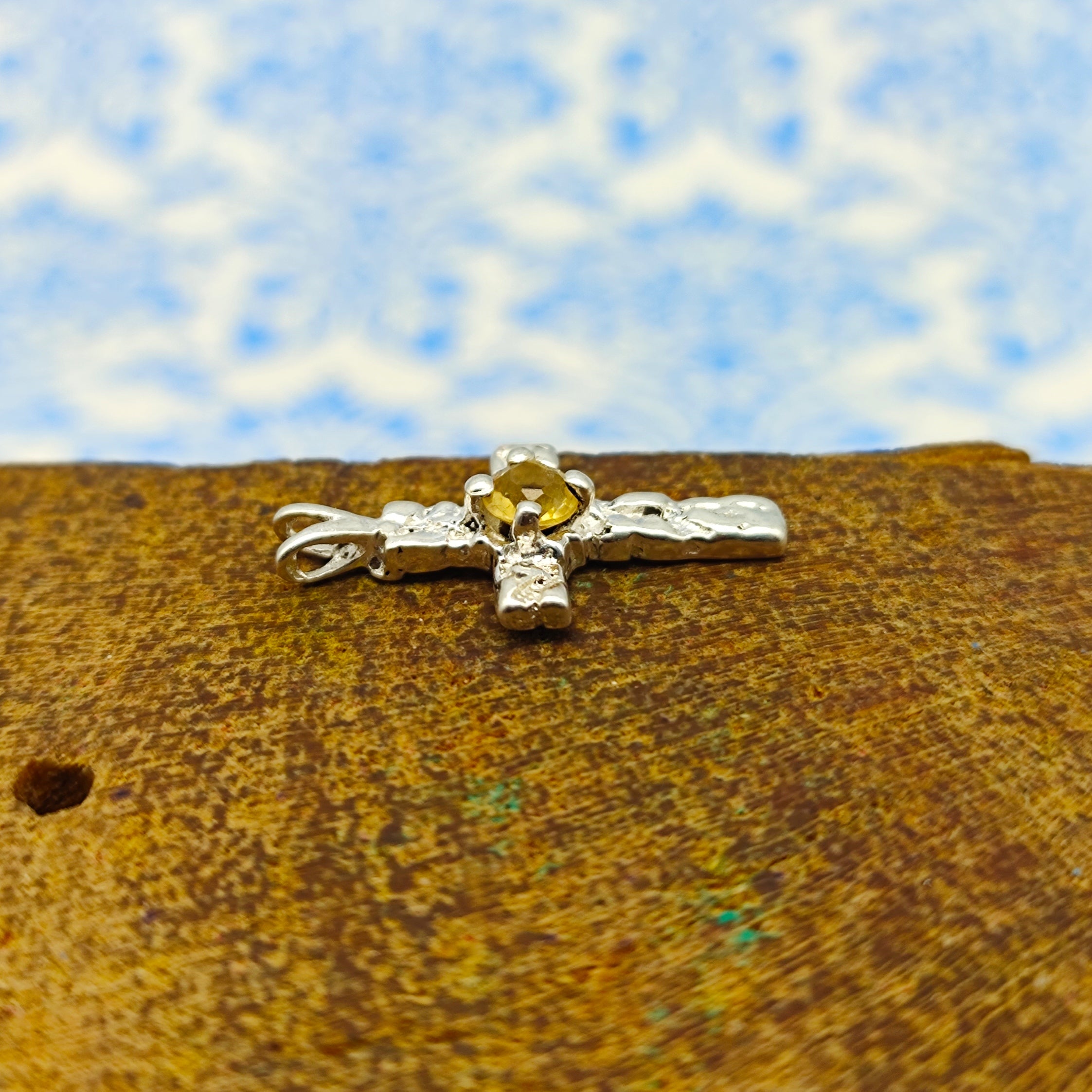 Citrine Christian Cross Nepali Bohemian Silver Pendant