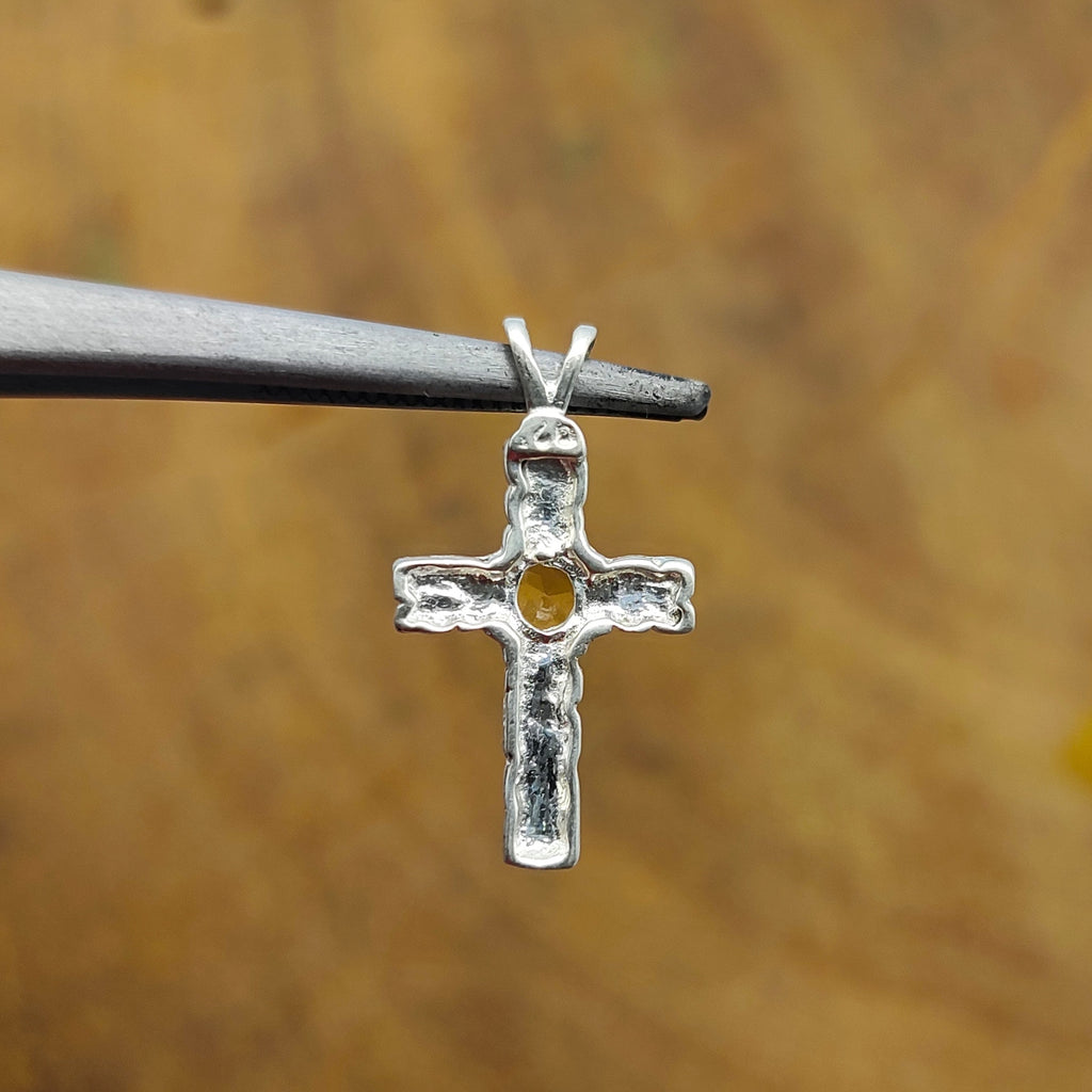 Citrine Christian Cross Nepali Bohemian Silver Pendant
