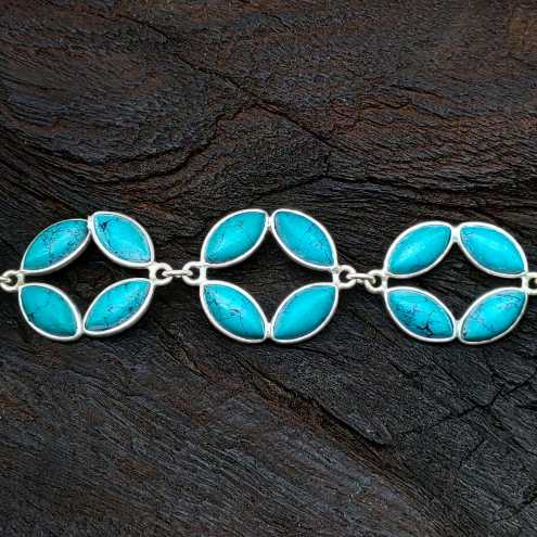Drop Shape Turquoise Flower Design Handmade Bohemian Silver Bracelet