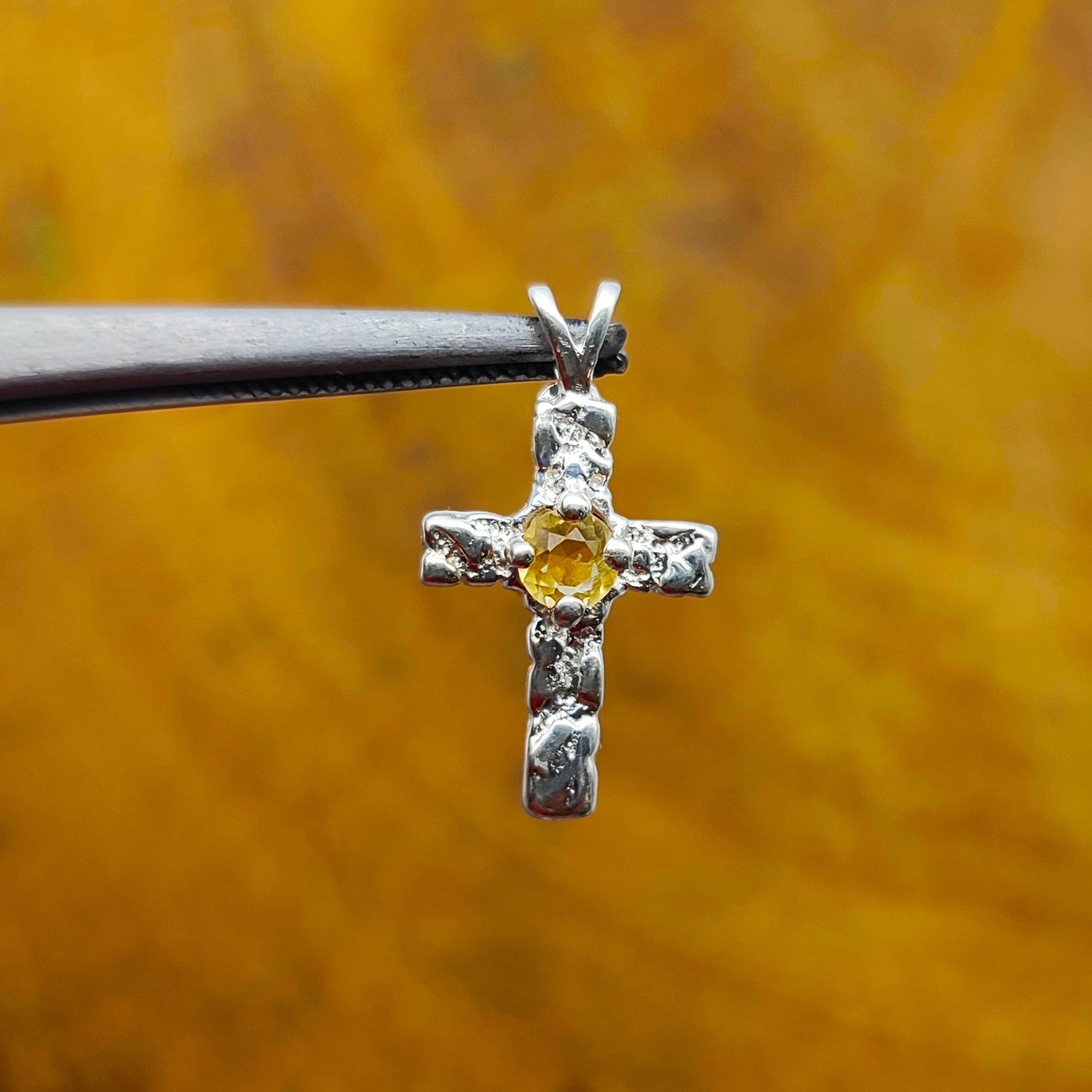 Citrine Christian Cross Nepali Bohemian Silver Pendant