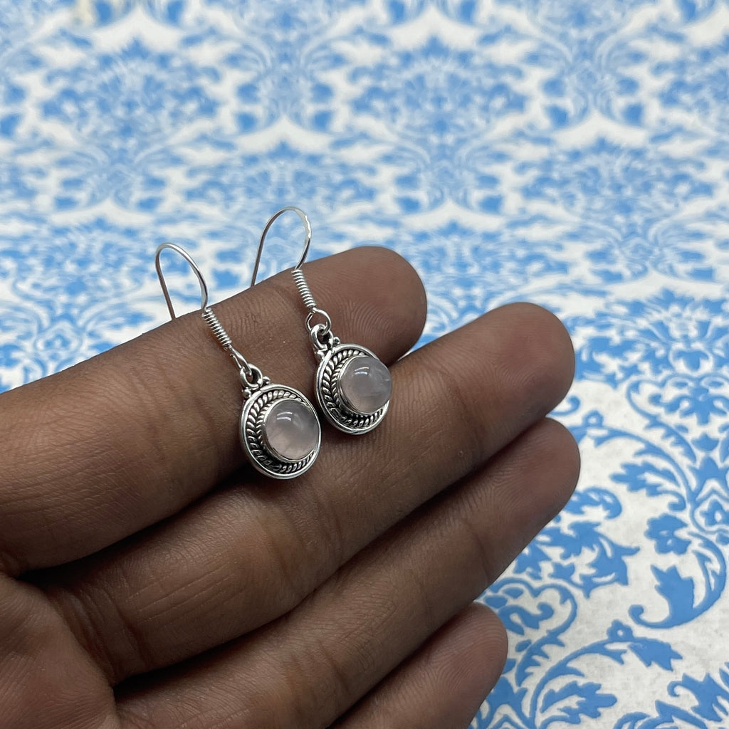 925 Sterling Silver Rose Quartz Cabochon Round Shape Earring