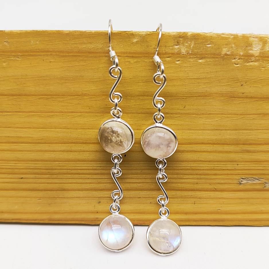 Natural Moonstone Round Earrings – Elegant 925 Silver Style