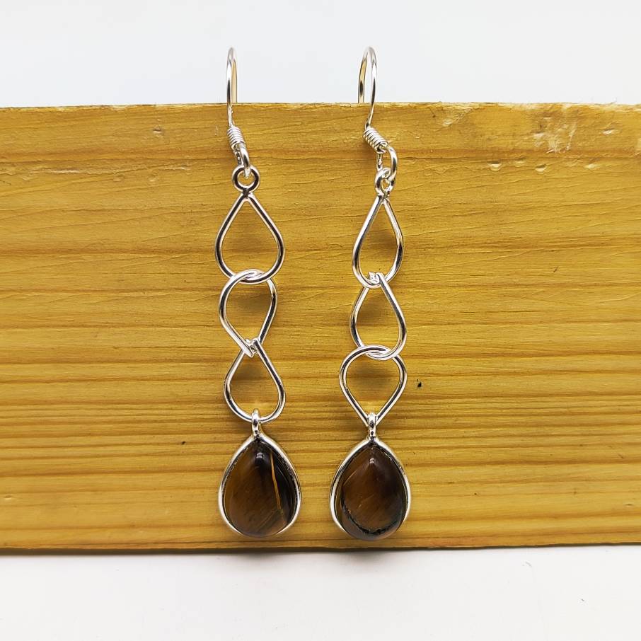 Natural Tiger Eye Gemstone Handmade Cabochon Long Earrings