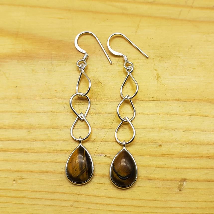 Natural Tiger Eye Gemstone Handmade Cabochon Long Earrings