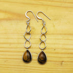 Natural Tiger Eye Gemstone Handmade Cabochon Long Earrings