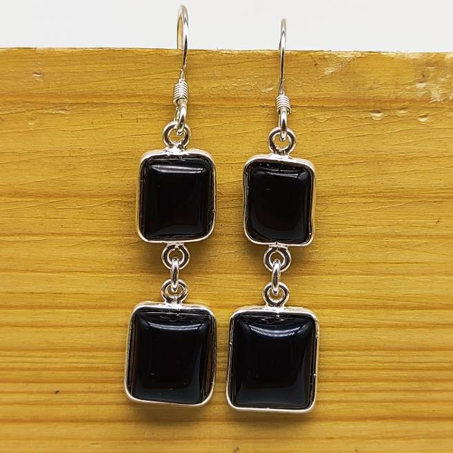 925 Sterling Silver Square Shape Black Onyx Gemstone Earring Jewelry