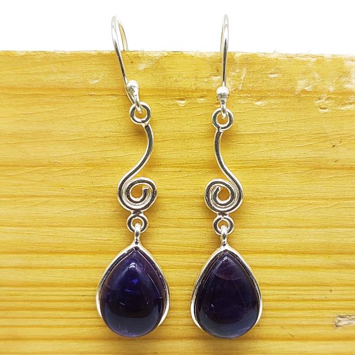 925 Sterling Silver Amethyst Cabochon Pear Shape Earring