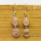 925 Sterling Silver Rose Quartz Cabochon Long Oval Shape Earring