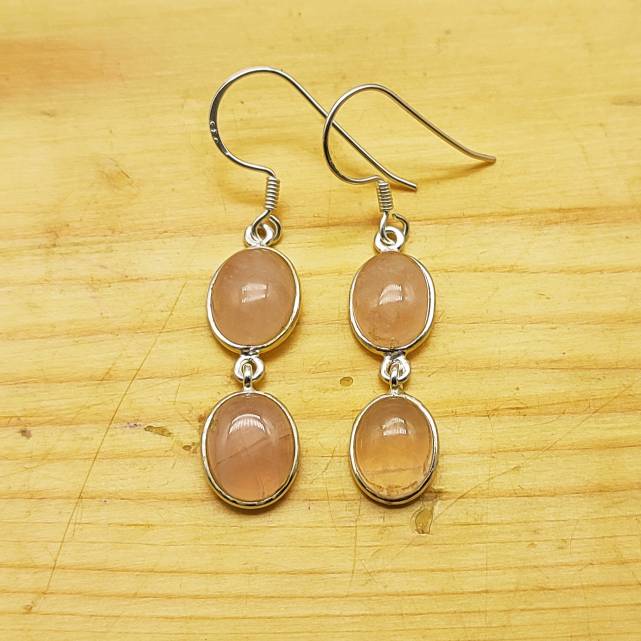 925 Sterling Silver Rose Quartz Cabochon Long Oval Shape Earring