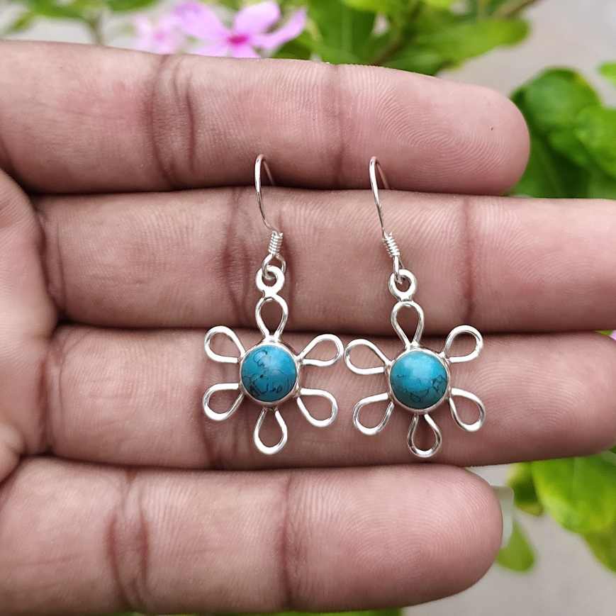 Minimalist Round Gemstone 925 Sterling Silver Turquoise Earring