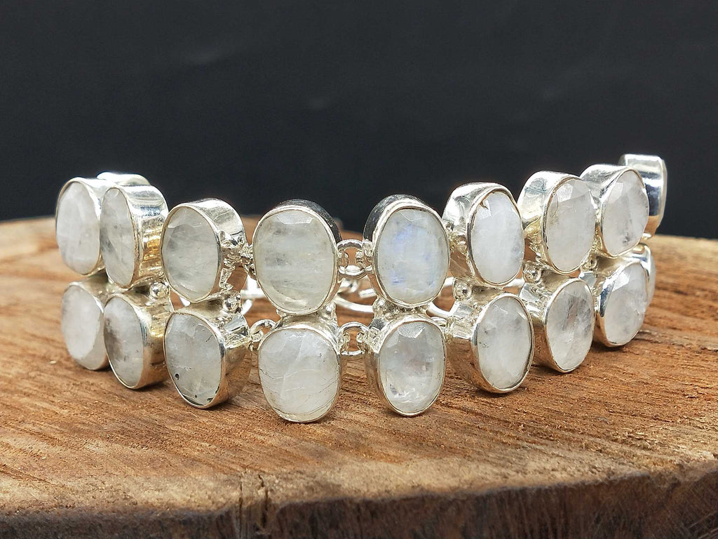 Solid Silver 925 Chunky Bracelet With Faceted Rainbow Moonstone