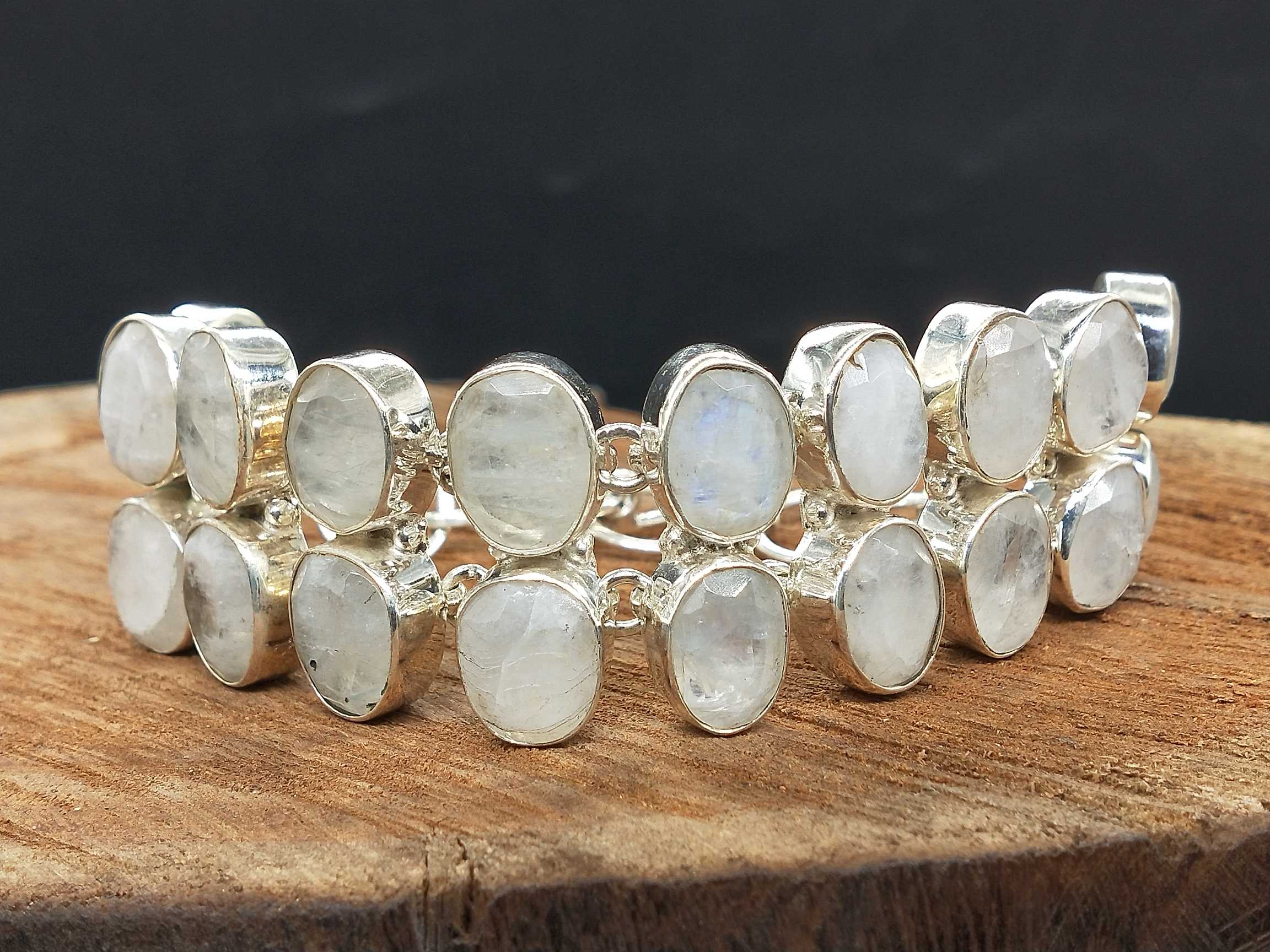 Solid Silver 925 Chunky Bracelet With Faceted Rainbow Moonstone