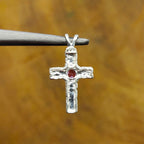 Garnet Christian Cross Nepali Bohemian Silver Pendant
