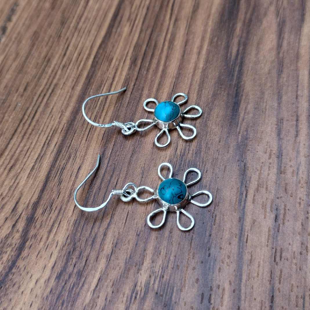 Minimalist Round Gemstone 925 Sterling Silver Turquoise Earring