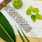 Solid Silver 925 Chunky Bracelet With Faceted Rainbow Moonstone