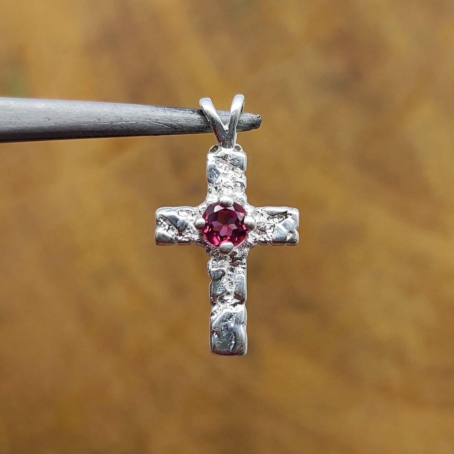 Garnet Christian Cross Nepali Bohemian Silver Pendant