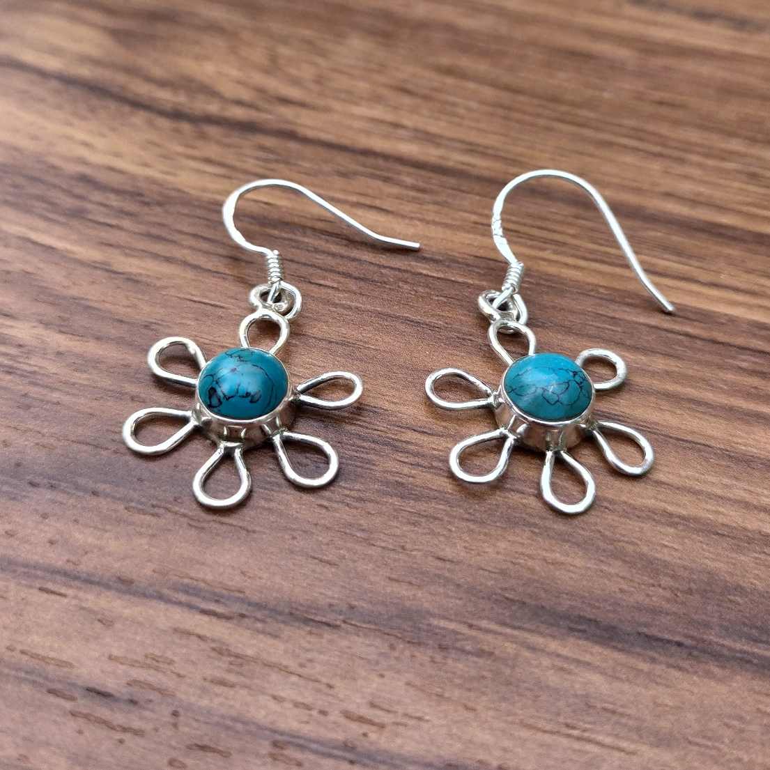 Minimalist Round Gemstone 925 Sterling Silver Turquoise Earring