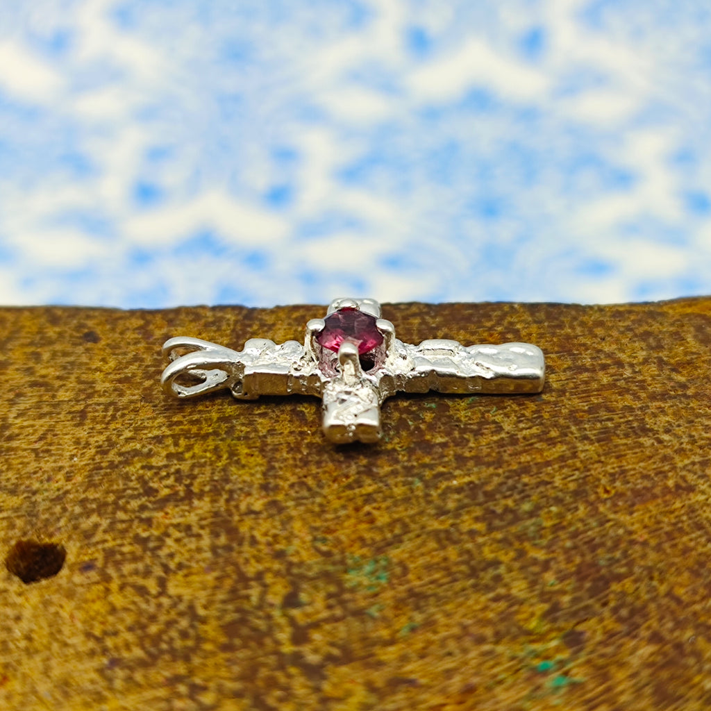 Garnet Christian Cross Nepali Bohemian Silver Pendant