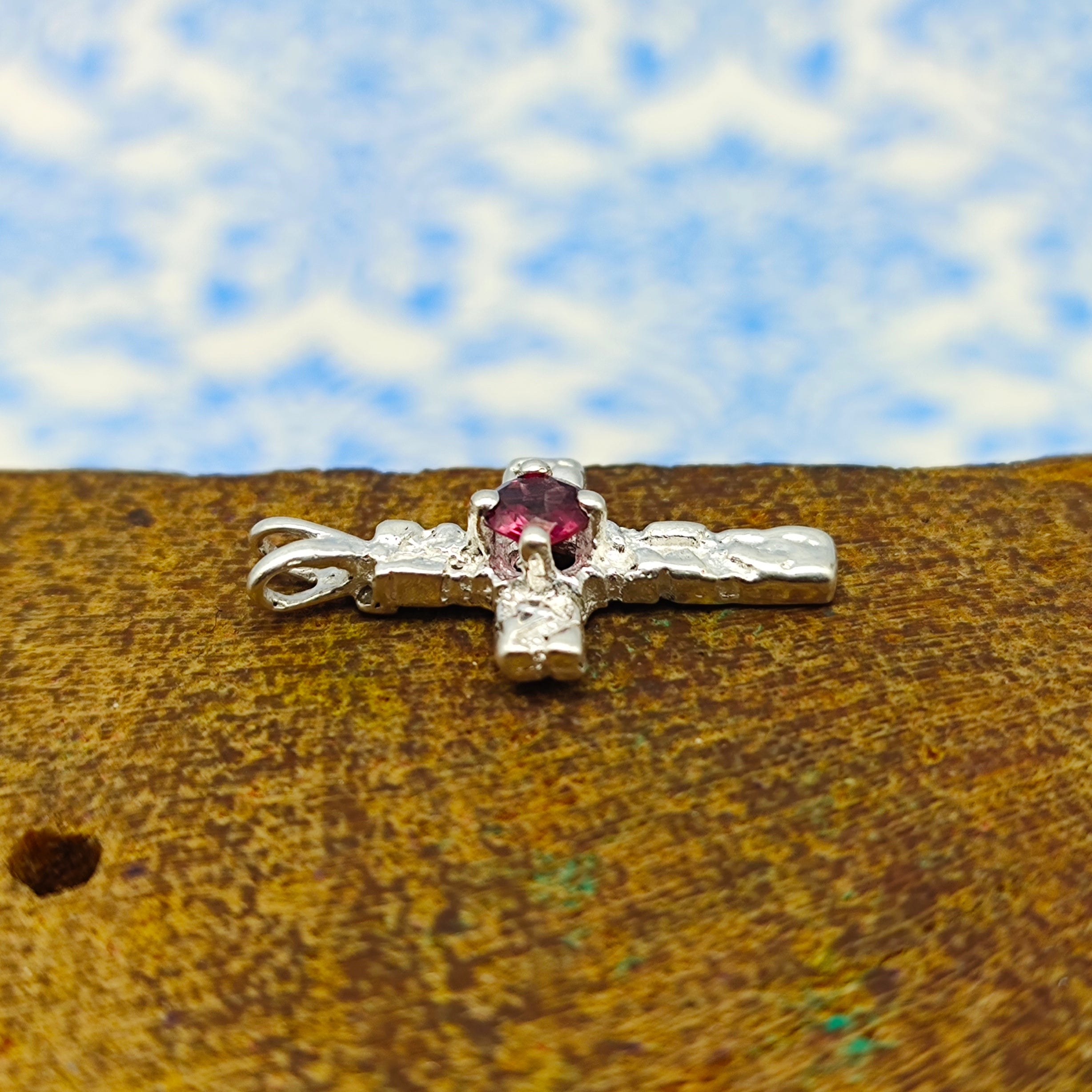 Garnet Christian Cross Nepali Bohemian Silver Pendant