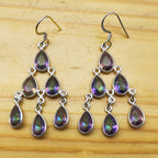925 Sterling Silver Natural Mystic Topaz Cabochon Long Pear Shape Earring
