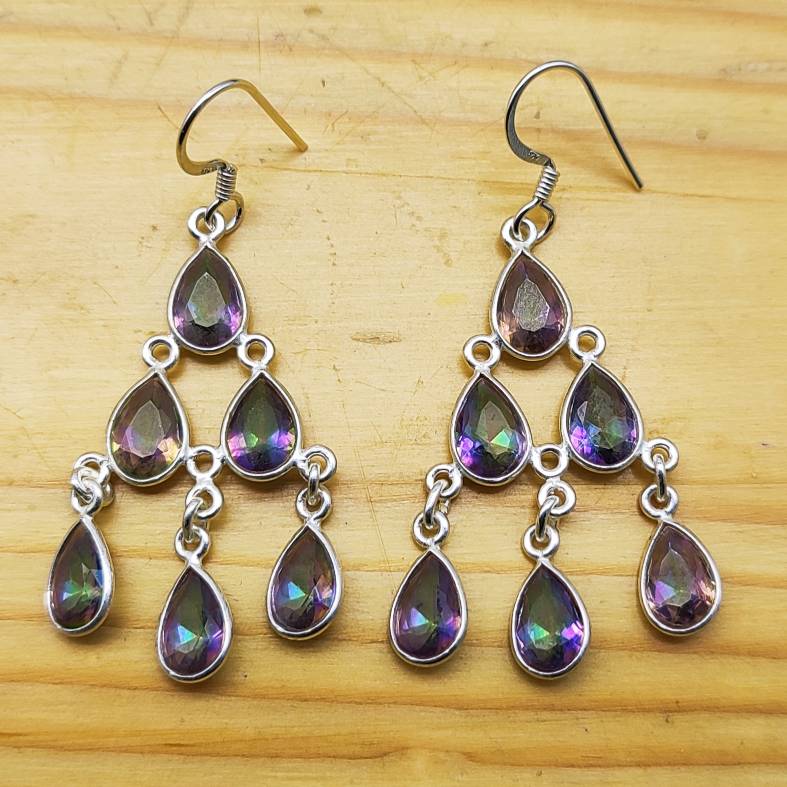 925 Sterling Silver Natural Mystic Topaz Cabochon Long Pear Shape Earring