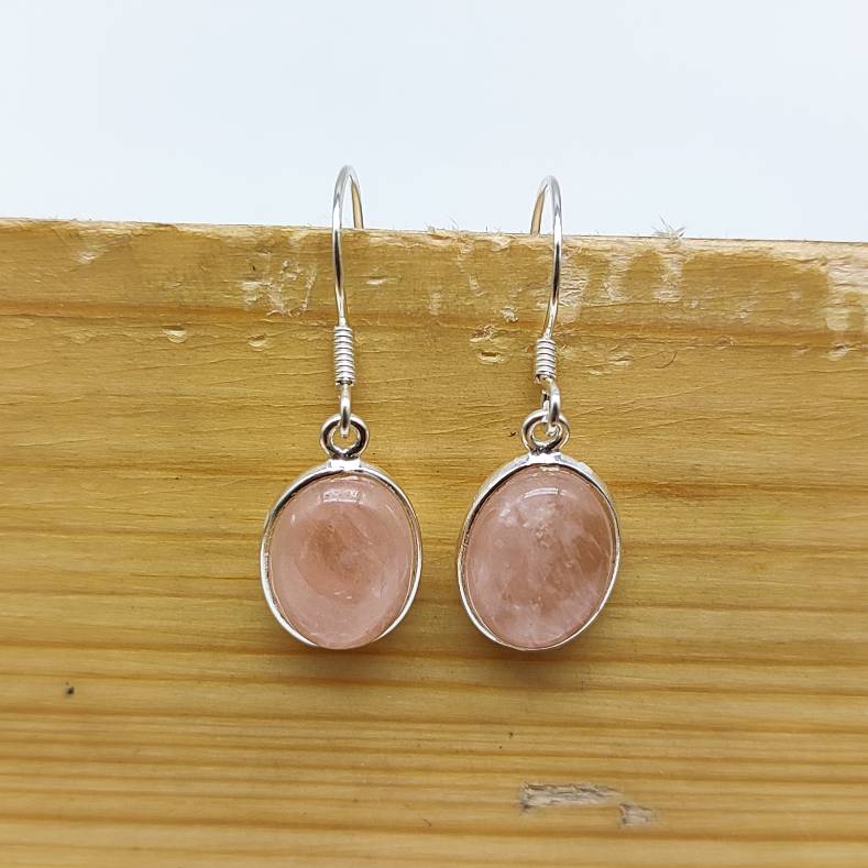 Dainty Oval Rose Quartz Earrings – 925 Silver Gemstone Jewelry