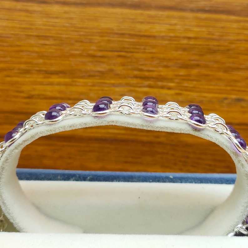Trible Layer Fine Bezel Work Cabochon Amethyst Gemstone 925 Silver Bracelet