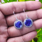 Classic Round Dyed Sapphire Gemstone Sterling Silver Earrings