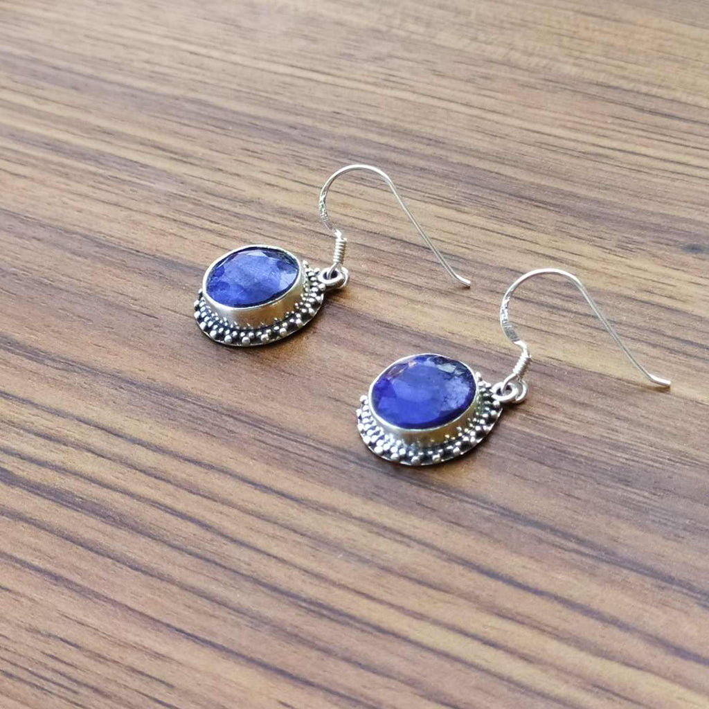 Classic Round Dyed Sapphire Gemstone Sterling Silver Earrings