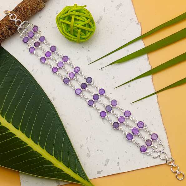 Trible Layer Fine Bezel Work Cabochon Amethyst Gemstone 925 Silver Bracelet