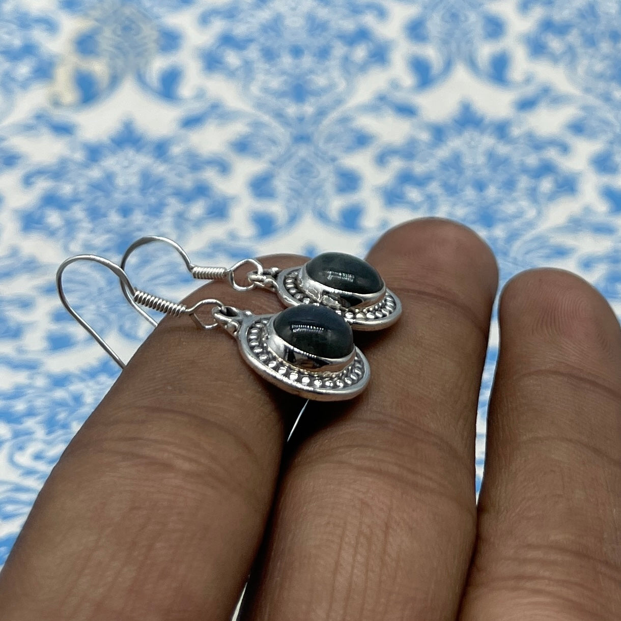 Natural Labradorite Round Dangle Earrings with Handmade Silver Work
