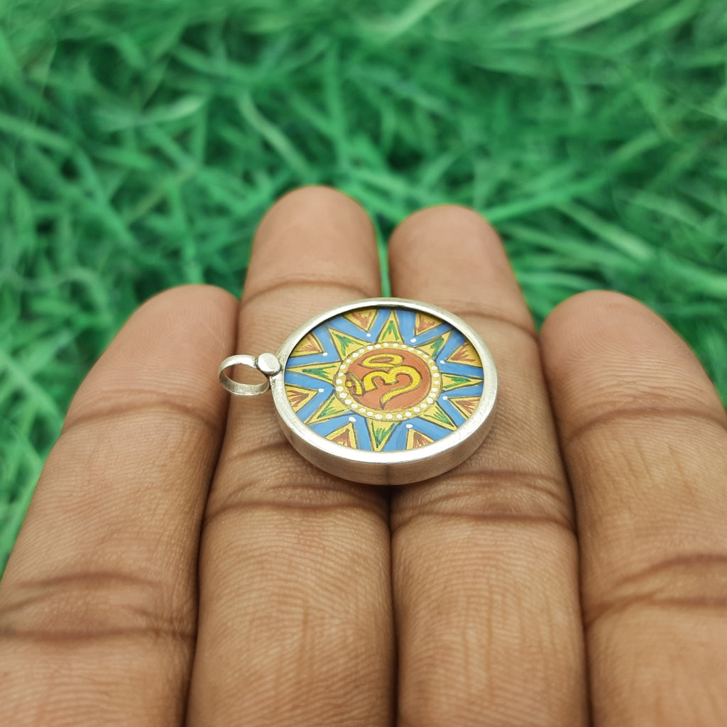 Om Symbol Hand-Painted Pendant in 925 Sterling Silver – Sacred Spiritual Jewelry