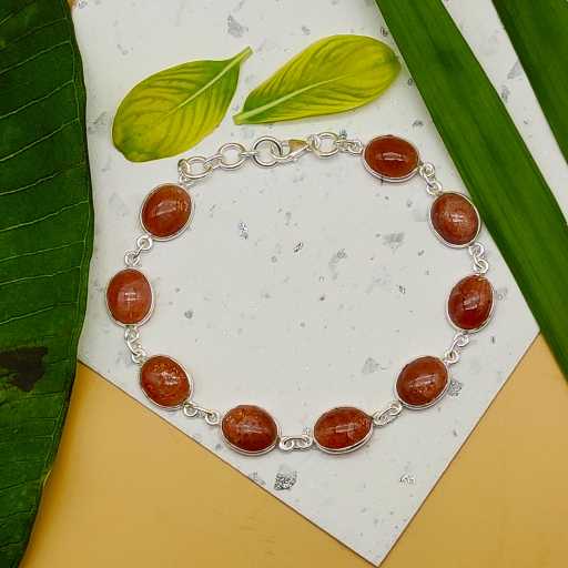 Sterling Silver Natural Sunstone Oval Bezel Bracelet