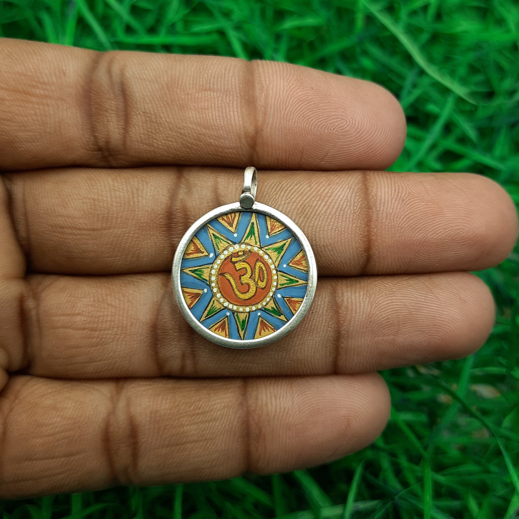 Om Symbol Hand-Painted Pendant in 925 Sterling Silver – Sacred Spiritual Jewelry