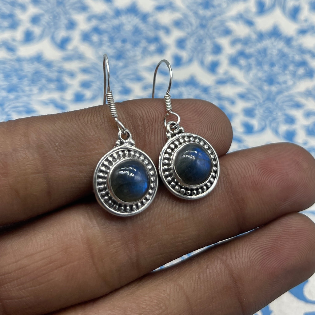 Natural Labradorite Round Dangle Earrings with Handmade Silver Work