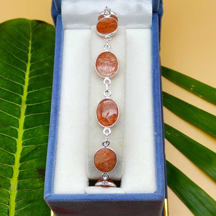 Sterling Silver Natural Sunstone Oval Bezel Bracelet