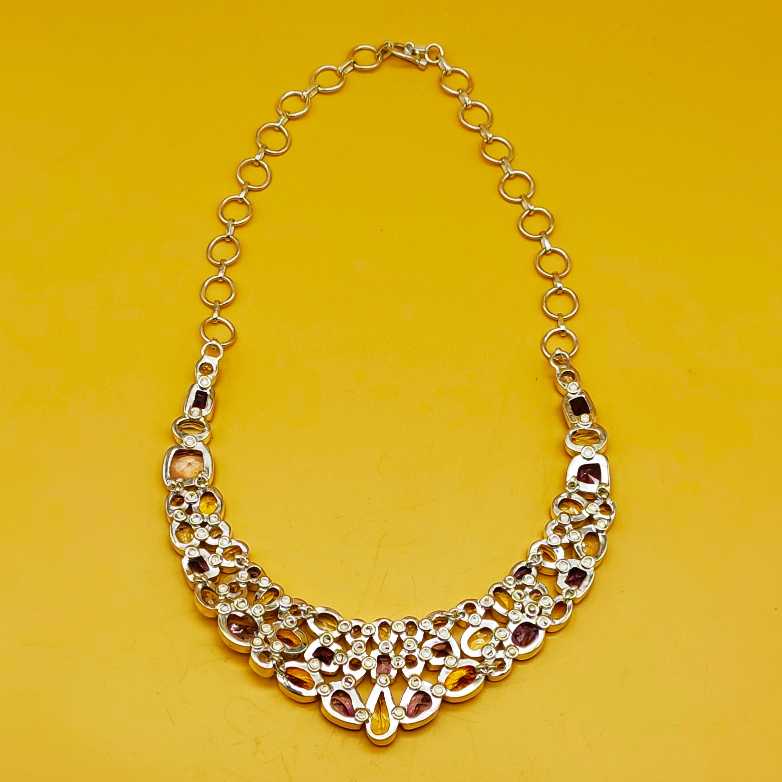 Multi Stone Chunky 925 Silver Necklace Handmade Artisan India