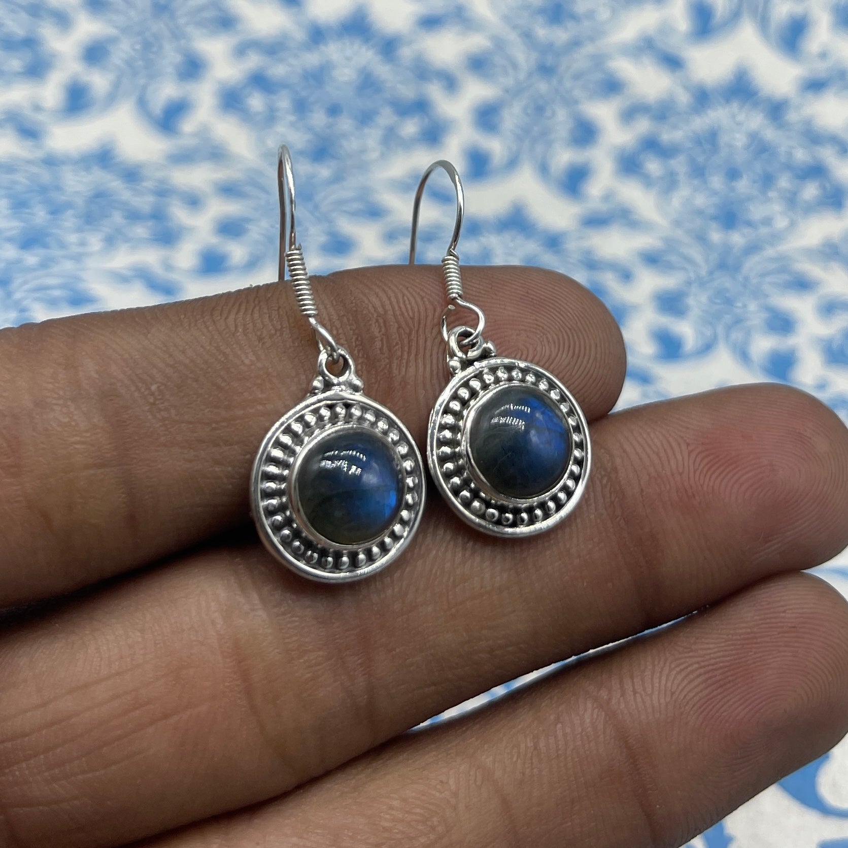 Natural Labradorite Round Dangle Earrings with Handmade Silver Work