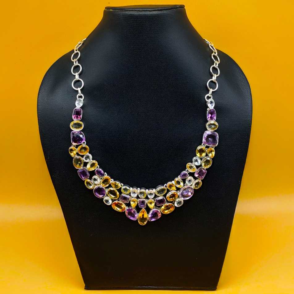 Multi Stone Chunky 925 Silver Necklace Handmade Artisan India