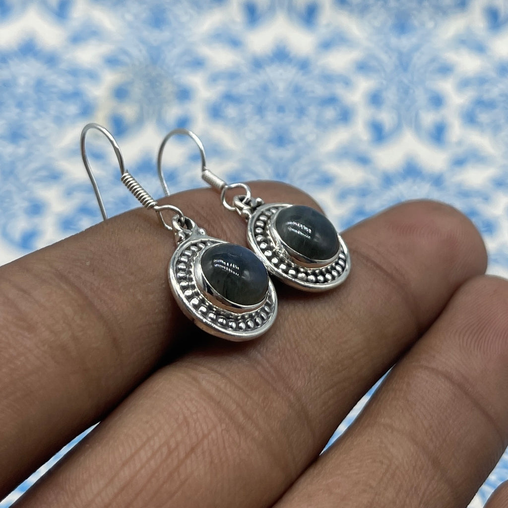 Natural Labradorite Round Dangle Earrings with Handmade Silver Work